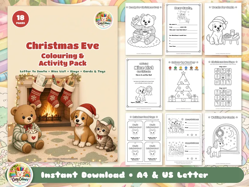 Christmas Eve Colouring & Activity Pack cover: teddy, puppy and kitten by a fireplace with stockings
