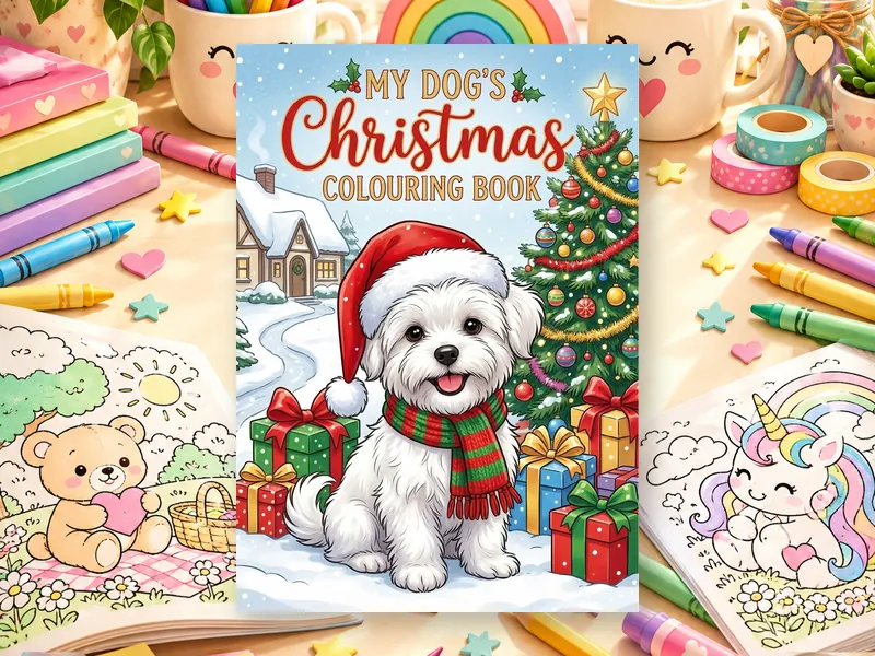 My Dog's Christmas Colouring Book cover with a puppy in a Santa hat