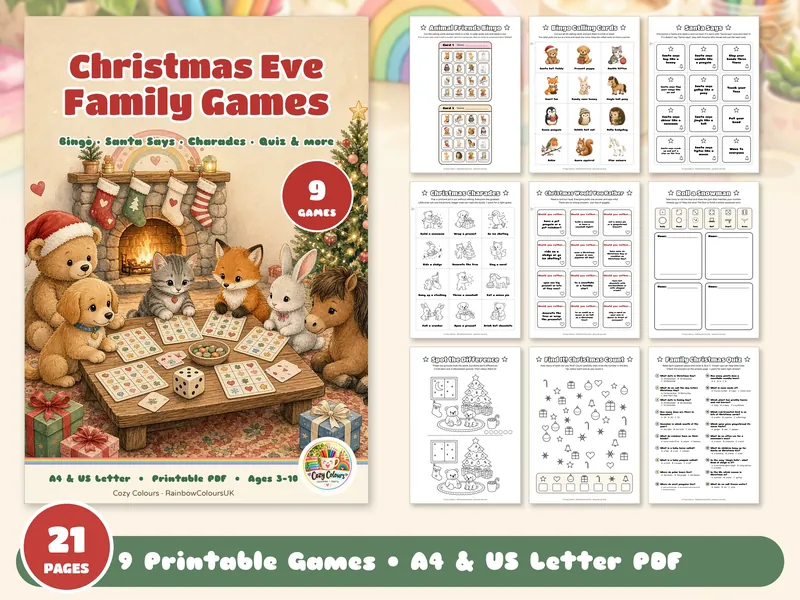 Christmas Eve Family Games cover with animals playing bingo